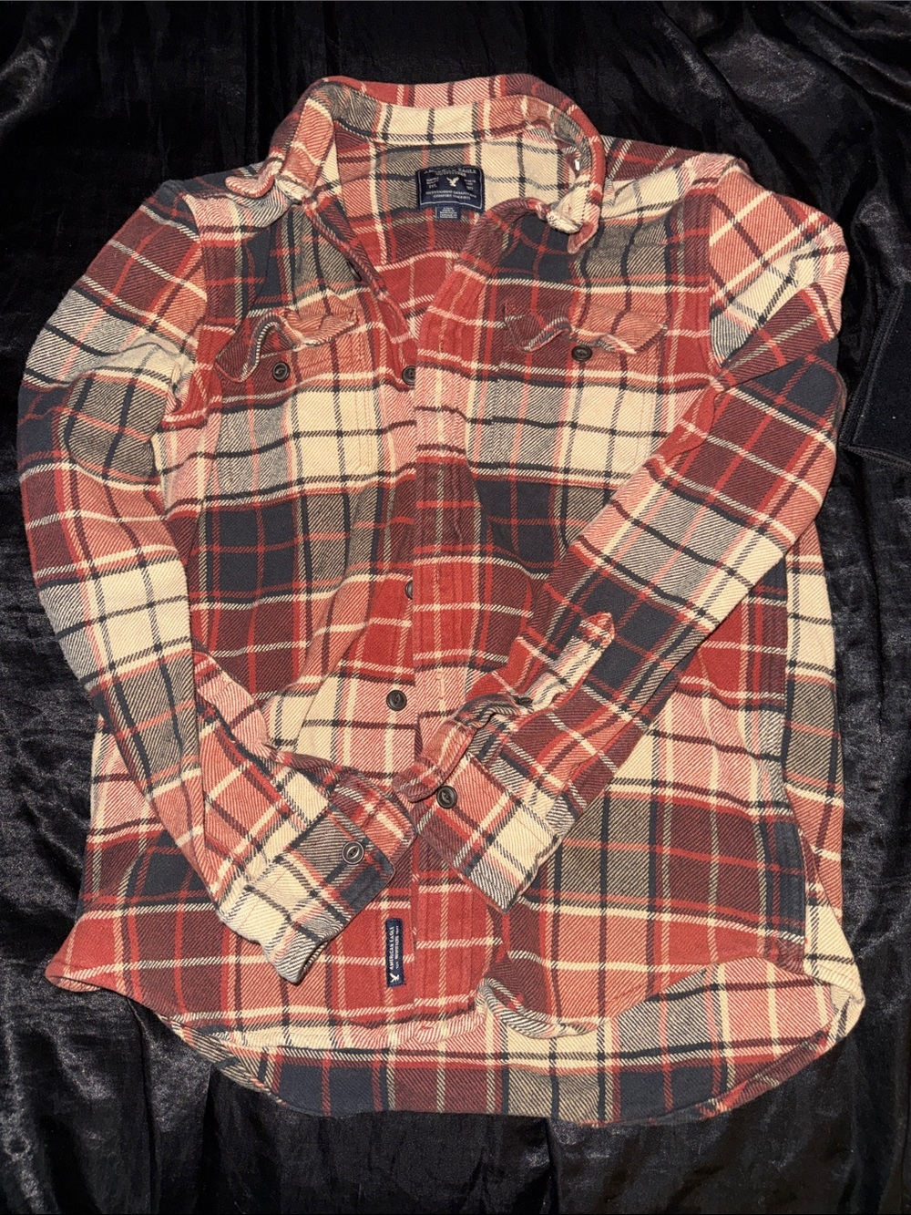 American Eagle Outfitters Red/Orange, Cream & Black Plaid Flannel Button-Down